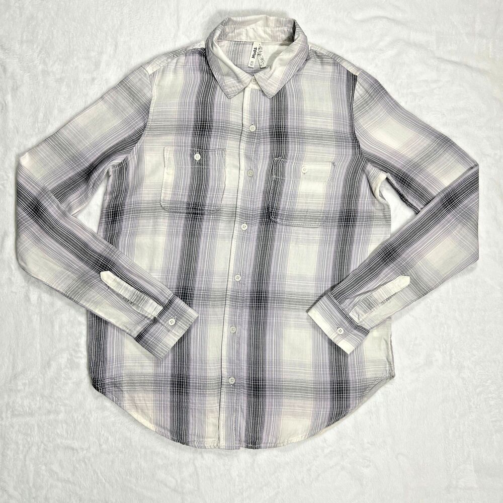 Mudd Flannel Shirt Purple Gray White Plaid Back Southwestern Pattern Womens XS